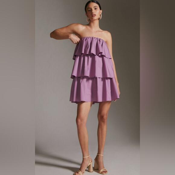 Anthro Corey Lynn Calter Balbina Strapless Mini Dress Ruffle Mauve Small New - Picture 2 of 15
